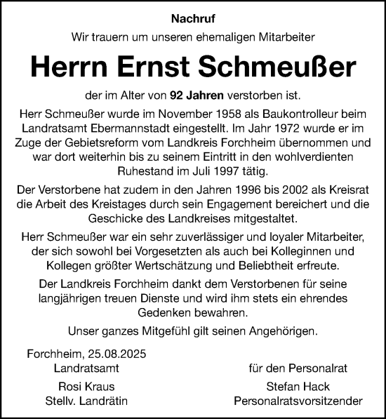 Traueranzeige von Ernst Schmeußer von Nordbayerische Nachrichten Forchheim Lokal