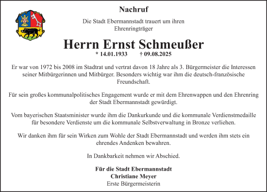 Traueranzeige von Ernst Schmeußer von Nordbayerische Nachrichten Forchheim Lokal