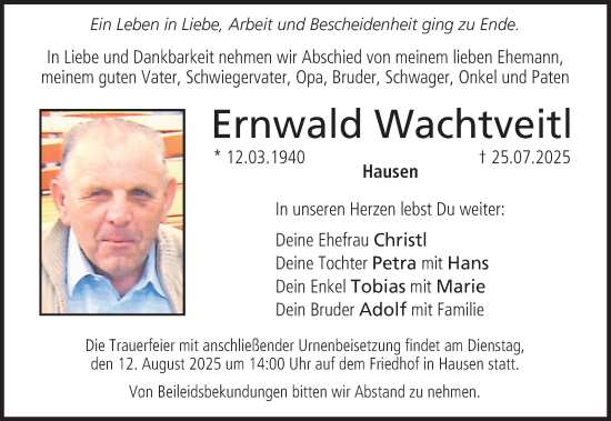 Traueranzeige von Ernwald Wachtveitl von Nordbayerische Nachrichten Forchheim Lokal