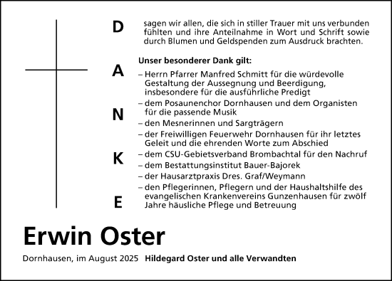 Traueranzeige von Erwin Oster von Altmühl-Bote Lokal