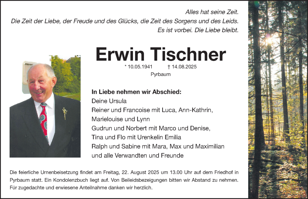  Traueranzeige für Erwin Tischner vom 20.08.2025 aus Neumarkter Nachrichten Lokal