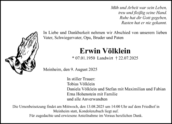 Traueranzeige von Erwin Völklein von Altmühl-Bote Lokal