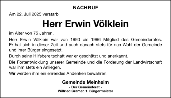 Traueranzeige von Erwin Völklein von Altmühl-Bote Lokal
