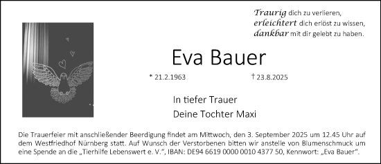 Traueranzeige von Eva Bauer von Gesamtausgabe Nürnberger Nachrichten/ Nürnberger Ztg.