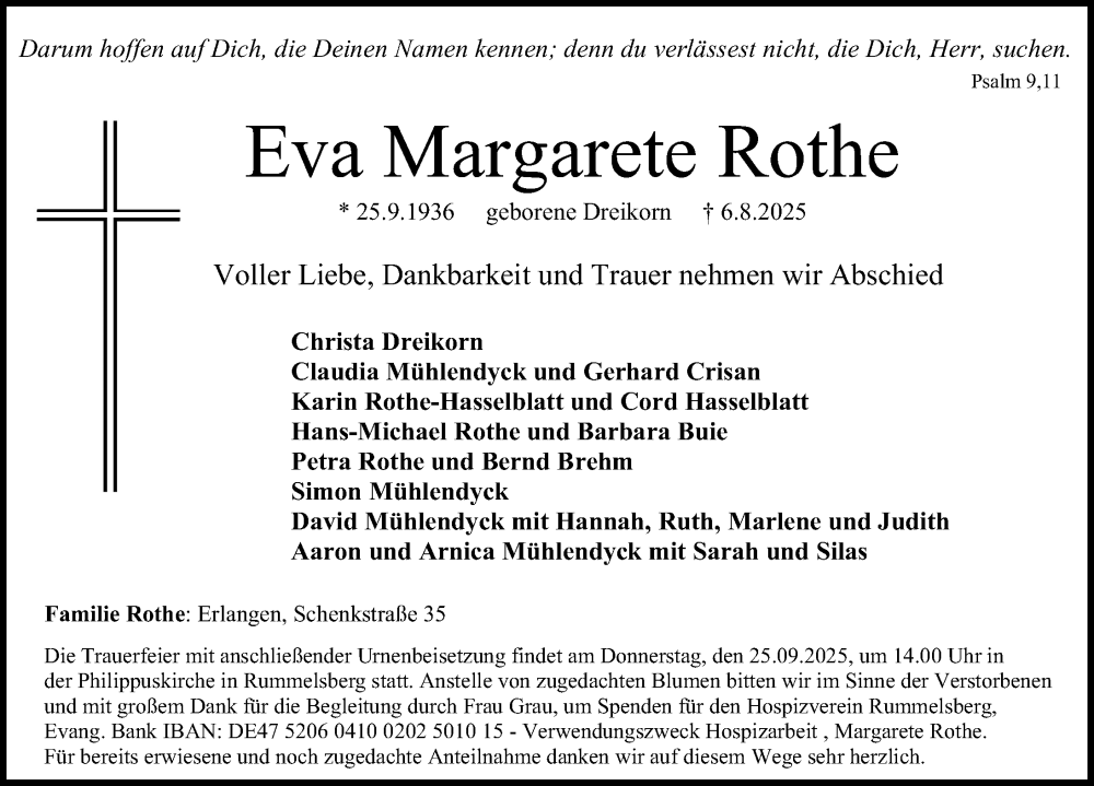  Traueranzeige für Eva Margarete Rothe vom 23.08.2025 aus Erlanger Nachrichten Lokal