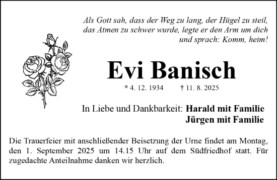 Traueranzeige von Evi Banisch von Gesamtausgabe Nürnberger Nachrichten/ Nürnberger Ztg.