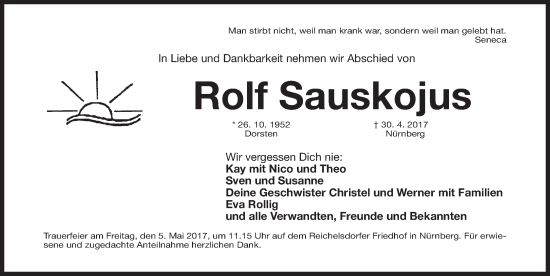 Traueranzeige von Rolf Sauskojus von Gesamtausgabe Nürnberger Nachrichten/ Nürnberger Ztg.
