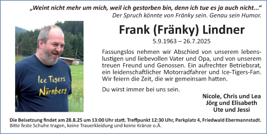 Traueranzeige von Frank Lindner von Gesamtausgabe Nürnberger Nachrichten/ Nürnberger Ztg.