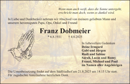Traueranzeige von Franz Dobmeier von Gesamtausgabe Nürnberger Nachrichten/ Nürnberger Ztg.