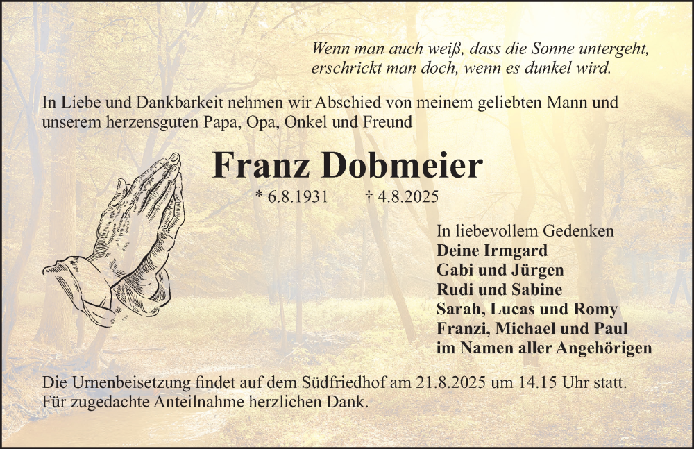  Traueranzeige für Franz Dobmeier vom 16.08.2025 aus Gesamtausgabe Nürnberger Nachrichten/ Nürnberger Ztg.