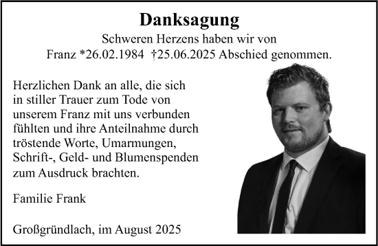 Traueranzeige von Franz Frank von Gesamtausgabe Nürnberger Nachrichten/ Nürnberger Ztg.