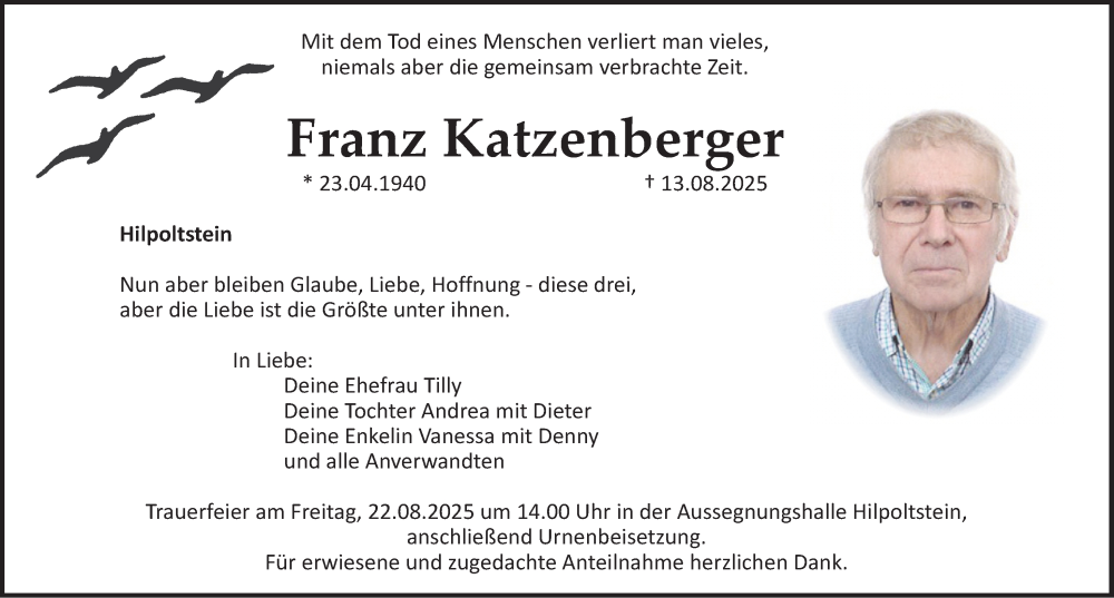  Traueranzeige für Franz Katzenberger vom 21.08.2025 aus Roth-Hilpoltsteiner Volkszeitung Lokal