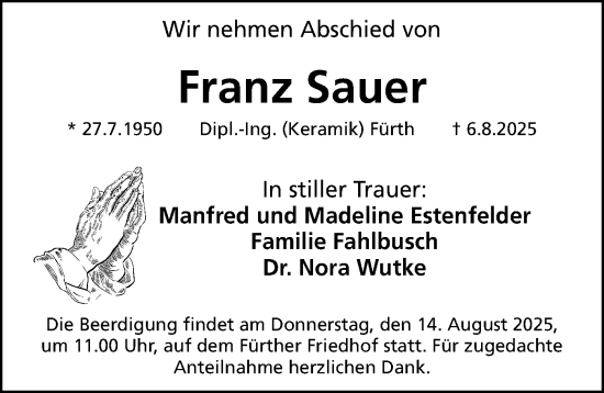 Traueranzeige von Franz Sauer von Fürther Nachrichten Lokal