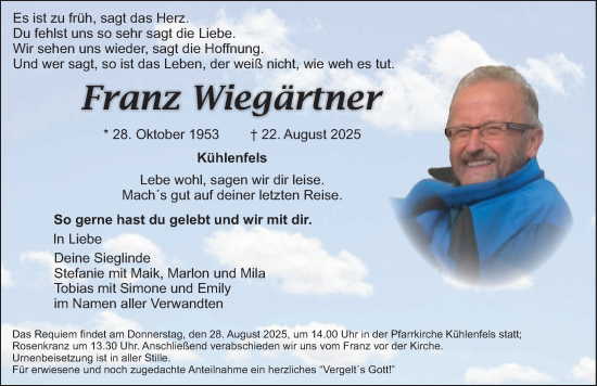 Traueranzeige von Franz Wiegärtner von Nordbayerische Nachrichten Pegnitz Lokal