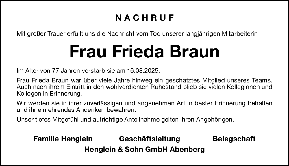  Traueranzeige für Frieda Braun vom 20.08.2025 aus Schwabacher Tagblatt Lokal
