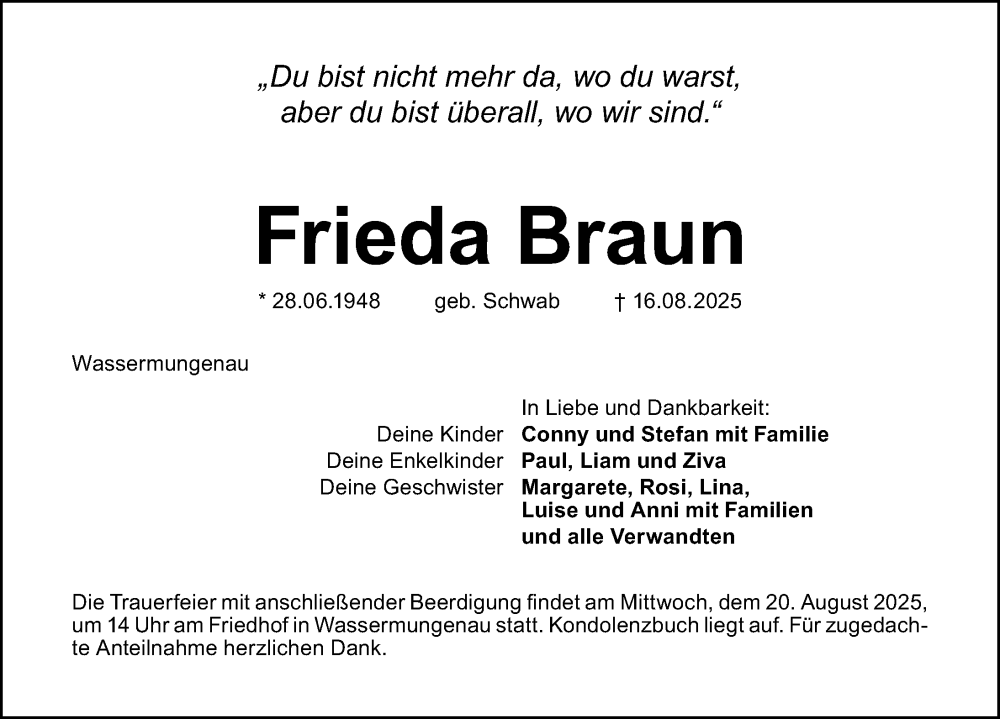  Traueranzeige für Frieda Braun vom 19.08.2025 aus Schwabacher Tagblatt Lokal