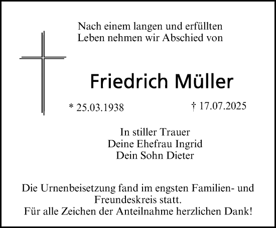 Traueranzeige von Friedrich Müller von Nordbayerische Nachrichten Forchheim Lokal