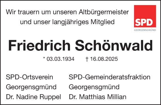 Traueranzeige von Friedrich Schönwald von Roth-Hilpoltsteiner Volkszeitung Lokal