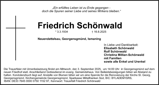 Traueranzeige von Friedrich Schönwald von Roth-Hilpoltsteiner Volkszeitung Lokal