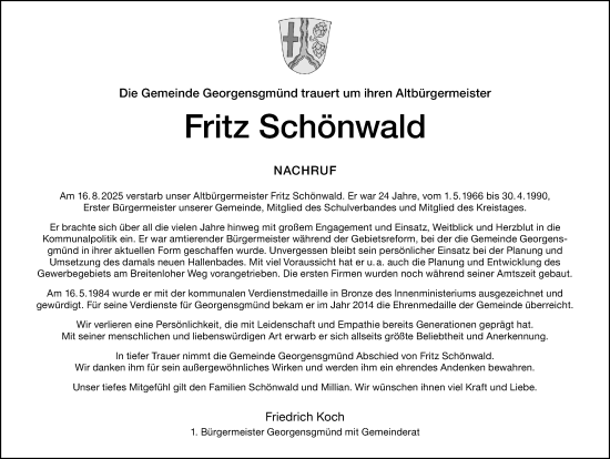Traueranzeige von Fritz Schönwald von Roth-Hilpoltsteiner Volkszeitung Lokal