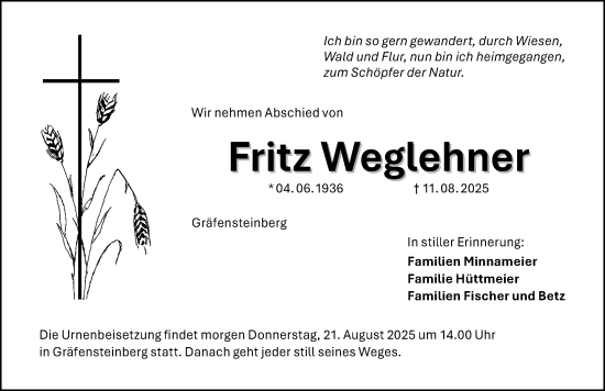 Traueranzeige von Fritz Weglehner von Altmühl-Bote Lokal