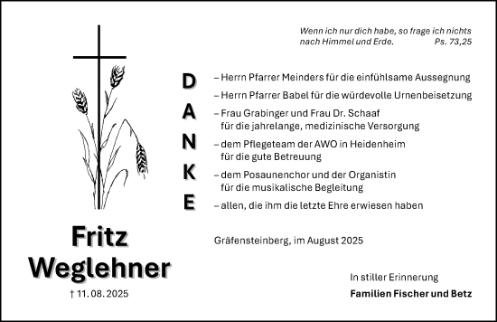 Traueranzeige von Fritz Weglehner von Altmühl-Bote Lokal