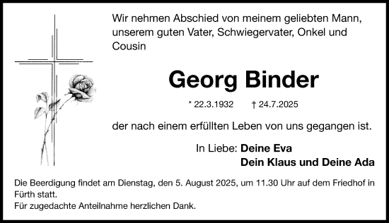 Traueranzeige von Georg Binder von Fürther Nachrichten Lokal