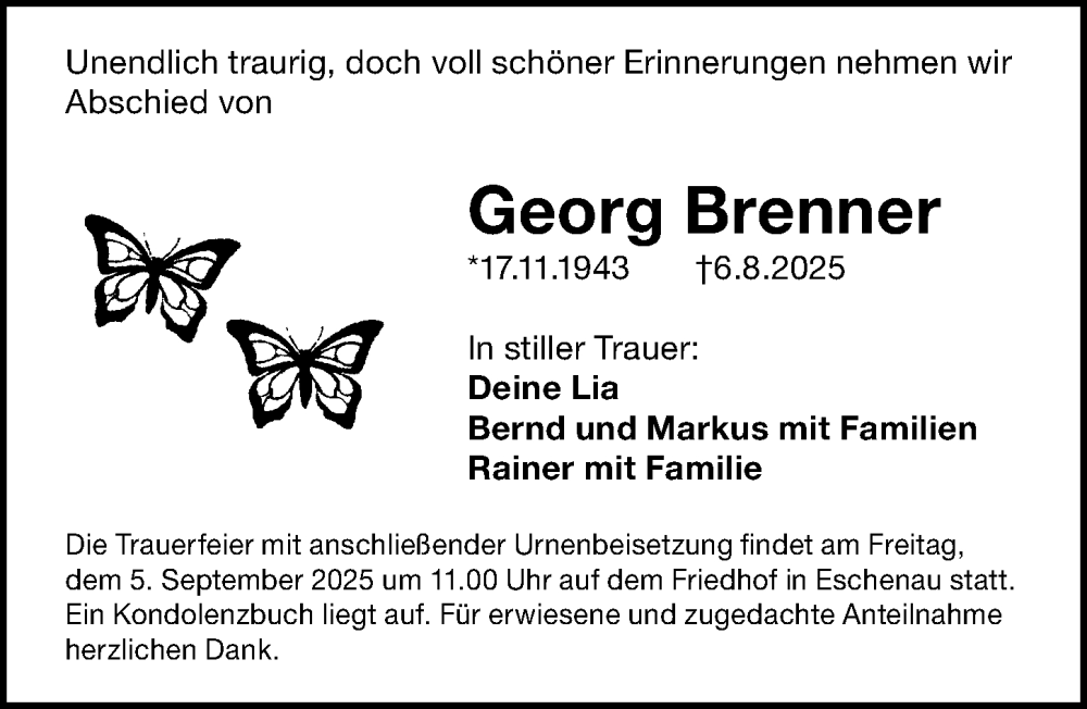  Traueranzeige für Georg Brenner vom 30.08.2025 aus Gesamtausgabe Nürnberger Nachrichten/ Nürnberger Ztg.