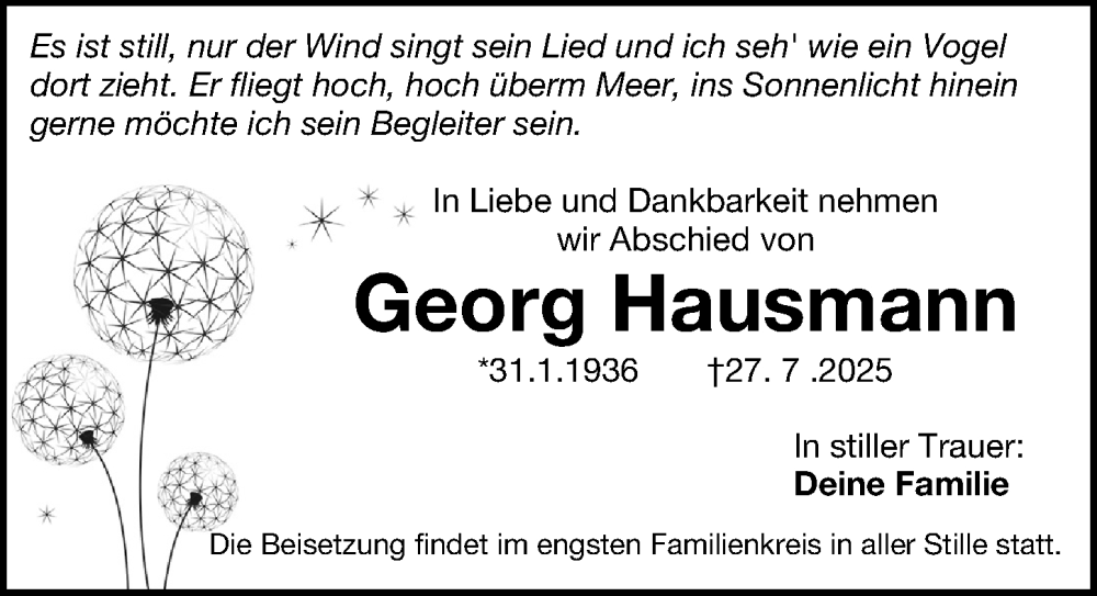  Traueranzeige für Georg Hausmann vom 02.08.2025 aus Gesamtausgabe Nürnberger Nachrichten/ Nürnberger Ztg.
