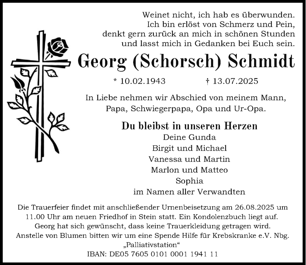  Traueranzeige für Georg Schmidt vom 23.08.2025 aus Gesamtausgabe Nürnberger Nachrichten/ Nürnberger Ztg.