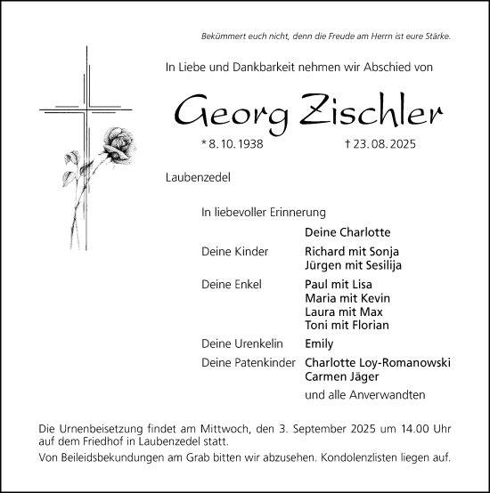 Traueranzeige von Georg Zischler von Altmühl-Bote Lokal
