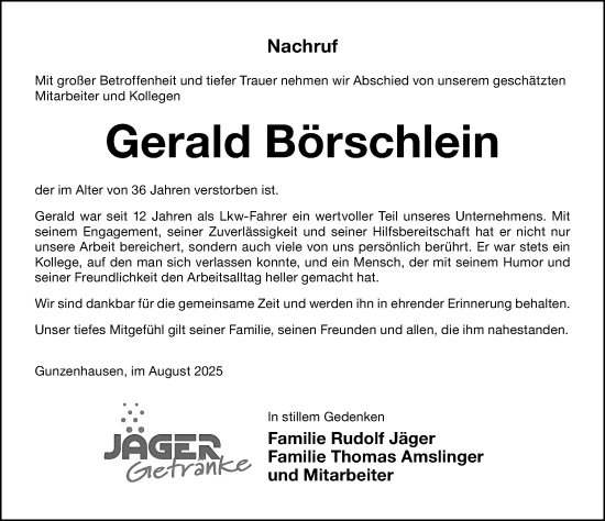 Traueranzeige von Gerald Börschlein von Altmühl-Bote Lokal