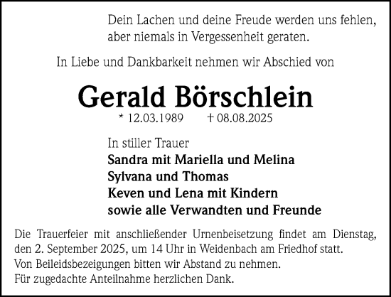 Traueranzeige von Gerald Börschlein von Roth-Hilpoltsteiner Volkszeitung Lokal