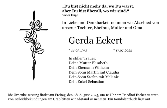 Traueranzeige von Gerda Eckert von Erlanger Nachrichten Lokal