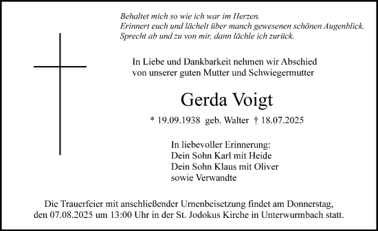 Traueranzeige von Gerda Voigt von Altmühl-Bote Lokal