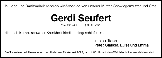 Traueranzeige von Gerdi Seufert von Schwabacher Tagblatt Lokal