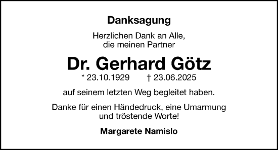 Traueranzeige von Gerhard Götz von Gesamtausgabe Nürnberger Nachrichten/ Nürnberger Ztg.