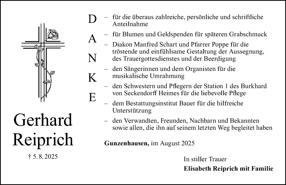 Traueranzeige für Gerhard Reiprich vom 16.08.2025 aus Altmühl-Bote Lokal