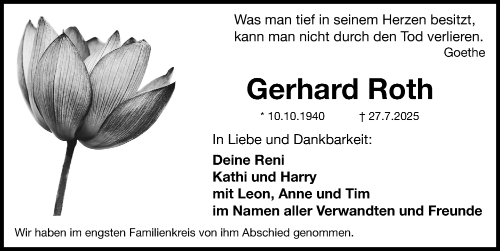  Traueranzeige für Gerhard Roth vom 06.08.2025 aus Fürther Nachrichten Lokal