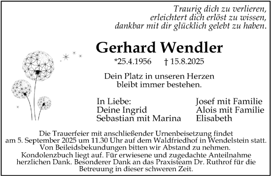 Traueranzeige von Gerhard Wendler von Gesamtausgabe Nürnberger Nachrichten/ Nürnberger Ztg.