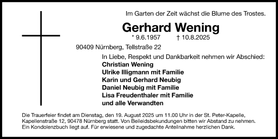 Traueranzeige von Gerhard Wening von Gesamtausgabe Nürnberger Nachrichten/ Nürnberger Ztg.