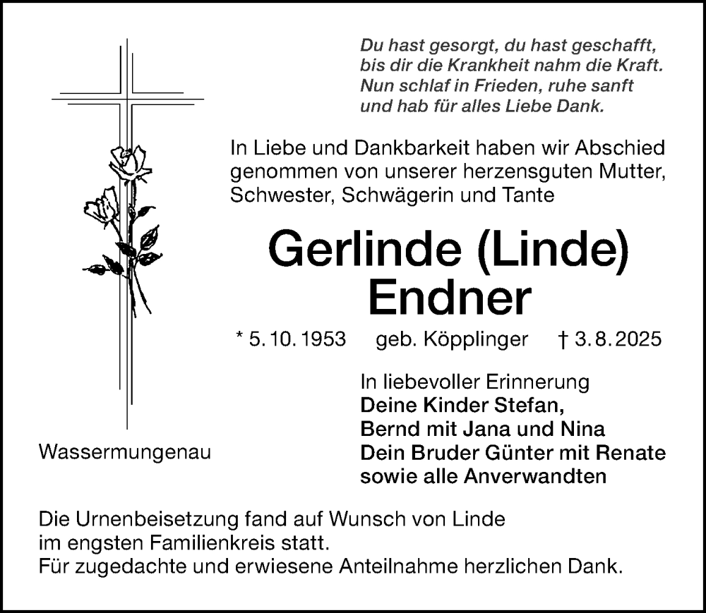  Traueranzeige für Gerlinde Endner vom 23.08.2025 aus Schwabacher Tagblatt Lokal