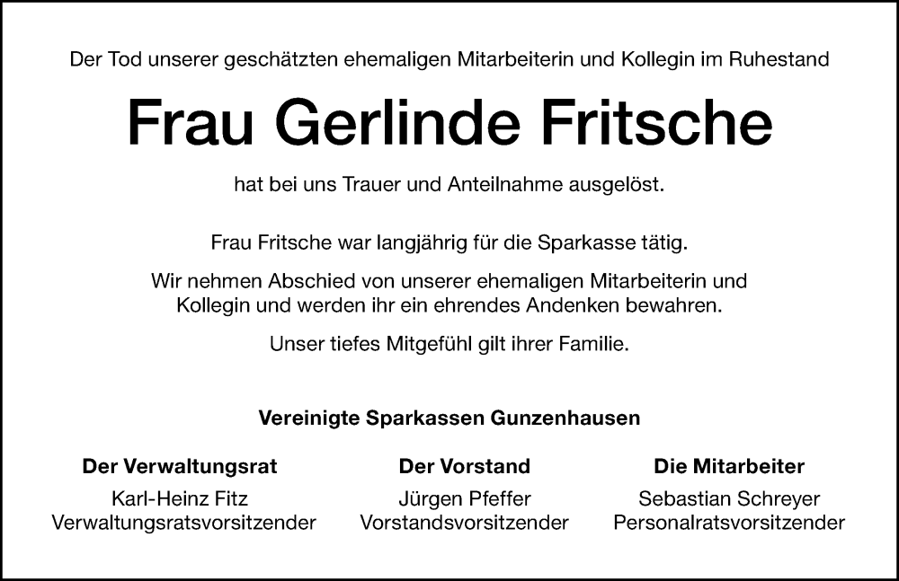  Traueranzeige für Gerlinde Fritsche vom 23.08.2025 aus Altmühl-Bote Lokal