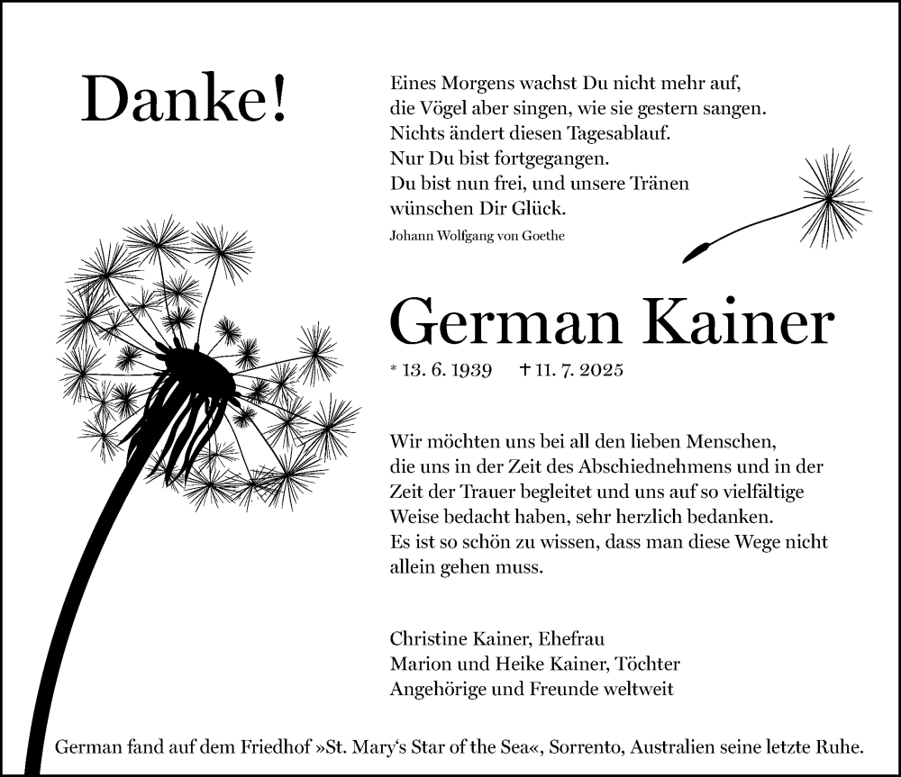  Traueranzeige für German Kainer vom 02.08.2025 aus Erlanger Nachrichten/ Nordbayer. Nachrichten Forchheim