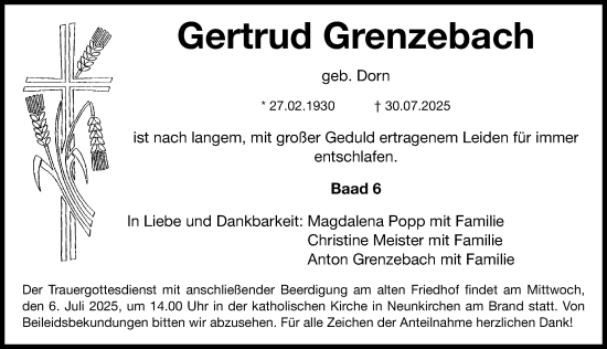 Traueranzeige von Gertrud Grenzebach von Nordbayerische Nachrichten Forchheim Lokal