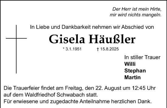 Traueranzeige von Gisela Häußler von Schwabacher Tagblatt Lokal