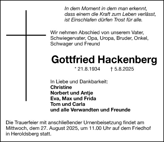 Traueranzeige von Gottfried Hackenberg von Gesamtausgabe Nürnberger Nachrichten/ Nürnberger Ztg.