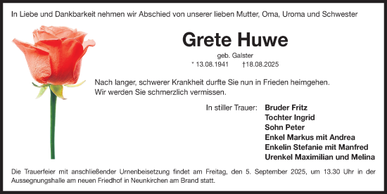 Traueranzeige von Grete Huwe von Erlanger Nachrichten Lokal