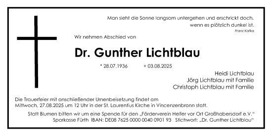 Traueranzeige von Gunther Lichtblau von Gesamtausgabe Nürnberger Nachrichten/ Nürnberger Ztg./ Fürther Nachrichten
