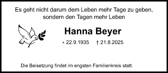 Traueranzeige von Hanna Beyer von Schwabacher Tagblatt Lokal